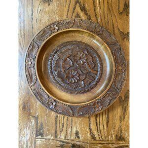 Hand-Carved Wooden Floral Decorative Plate